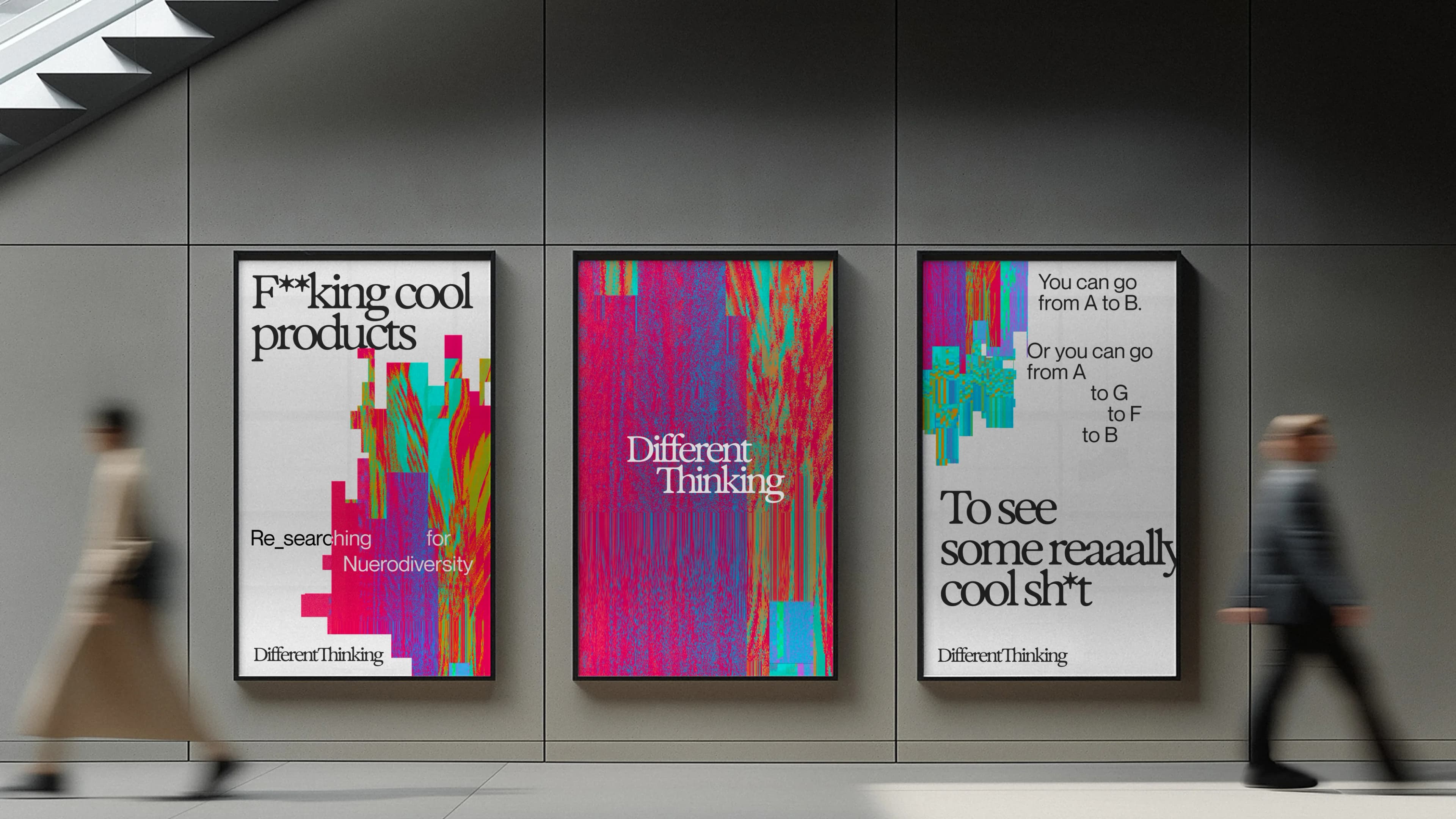 Different Thinking posters running as digital OOH in a transit concourse