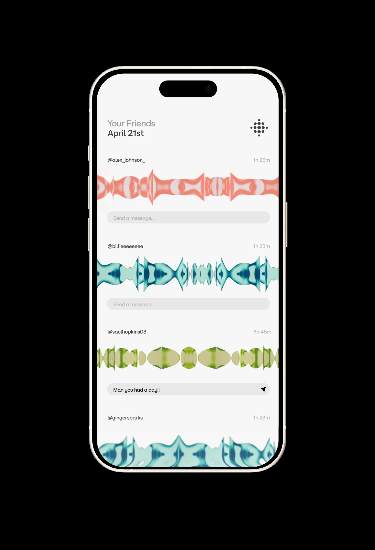 Eventually app screen showing friends' voice scans
