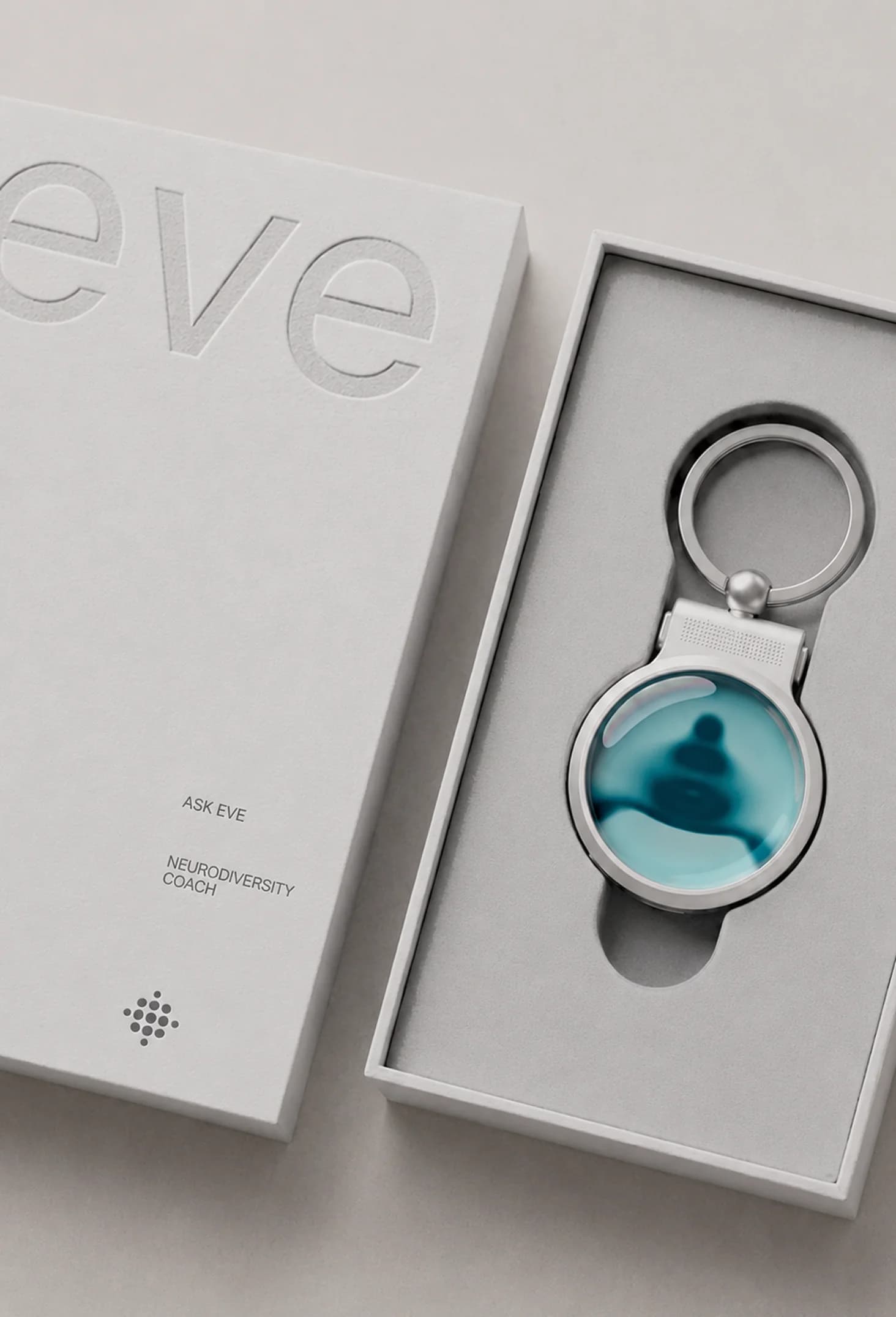 The eve keychain in its packaging